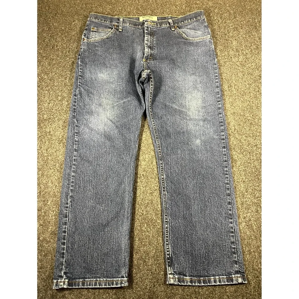 Y2K Wrangler Jeans Mens 38x28 Blue Denim Cotton Stretch Mid Rise Straight Leg